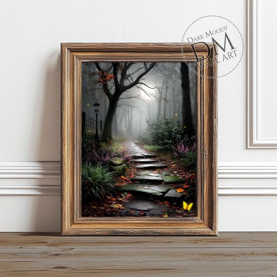 Moonlit Forest Path Wall Art Gothic Autumn Night Landscape Print