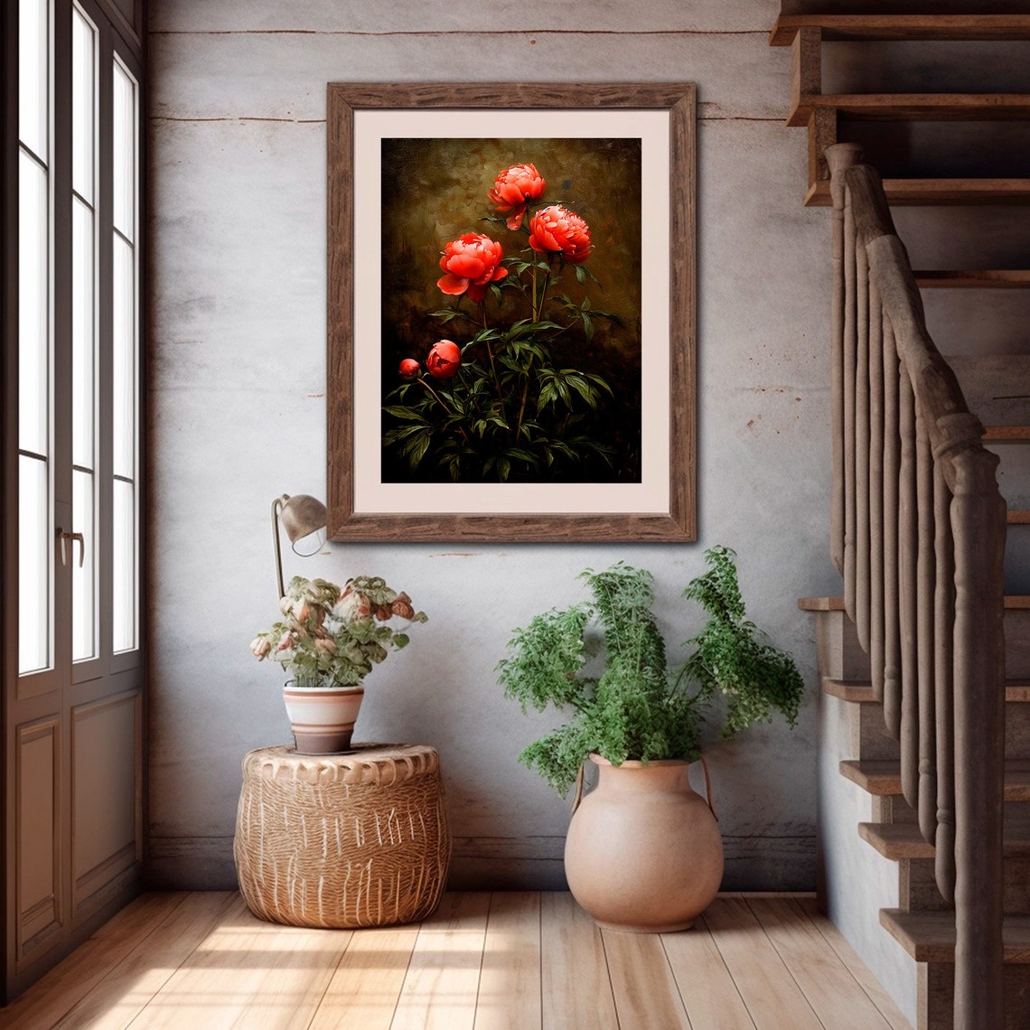 Red Peony Blossoms Dark Moody Vintage Botanical Artwork Poster - Image 4