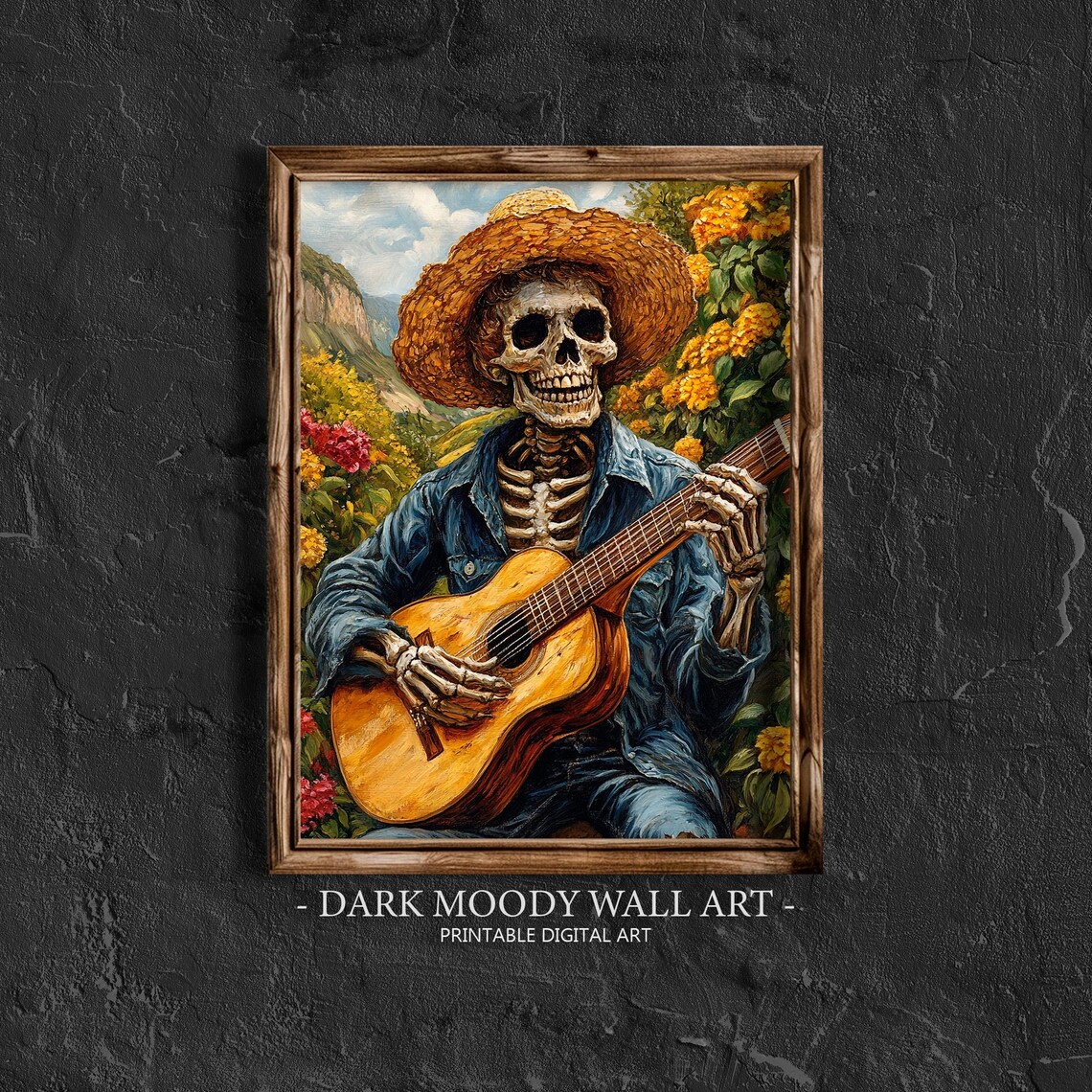 Day of the Dead Skeleton Guitar Player Garden Van Gogh Poster