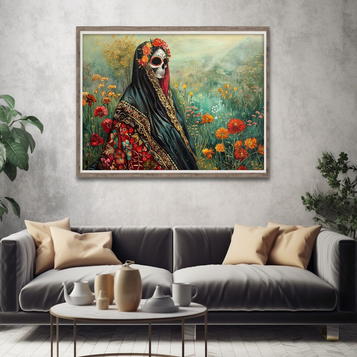 Calavera Catrina with a Flower Crown in a Wildflower Field Art Poster - Image 2