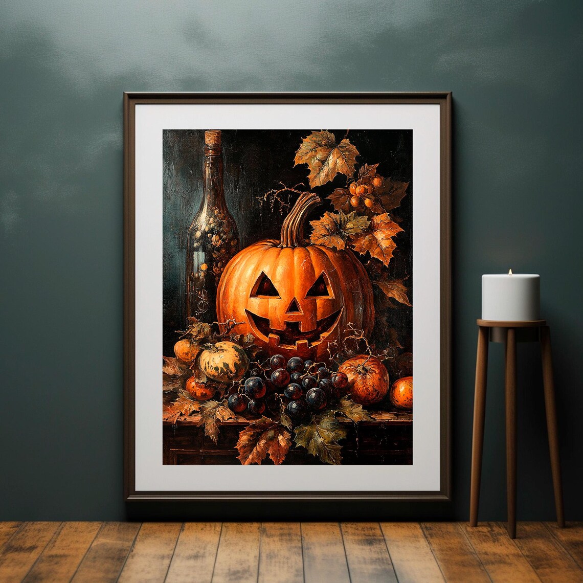 Jack-o-Lantern Still Life With Grapes Autumn Leaves Vintage Halloween Poster - Image 4
