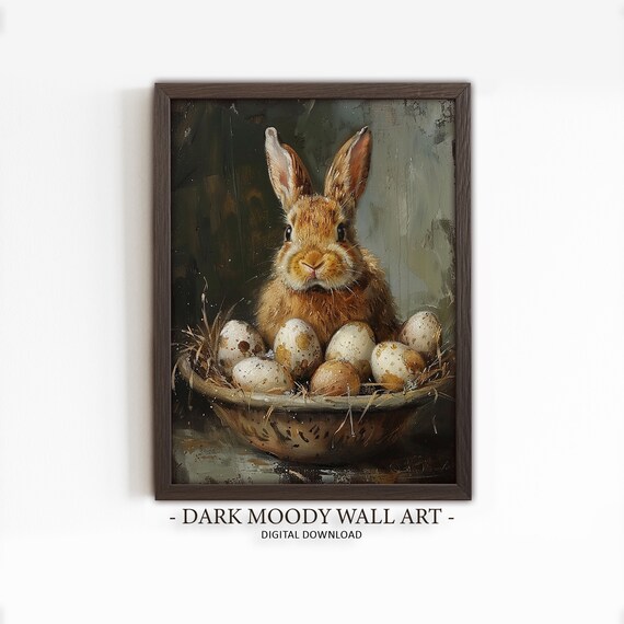 Bunny Rabbit Basket Speckled Eggs Vintage Easter Painting Poster