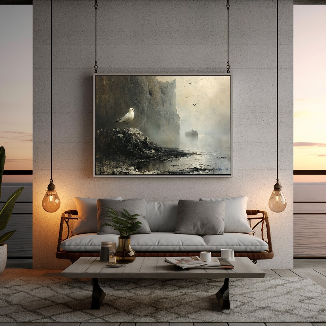 Lone Seagull on Rocky Shore Misty Sea Cliffs Dark Moody Seascape Painting Poster - Image 5