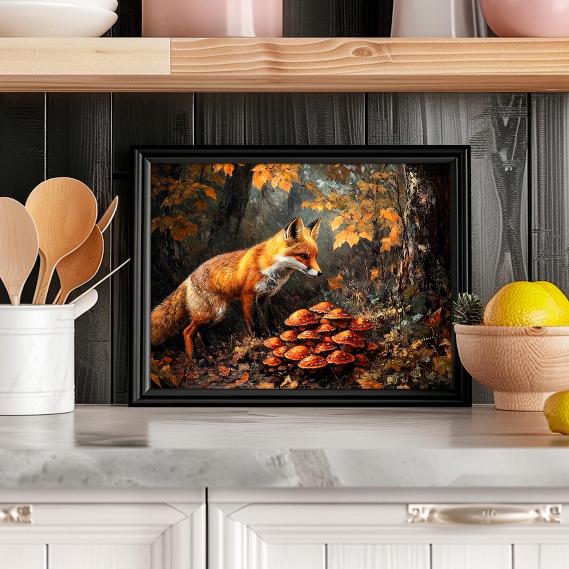 Red Fox And Mushrooms Autumn Forest Wildlife Painting Wall Art - Image 2