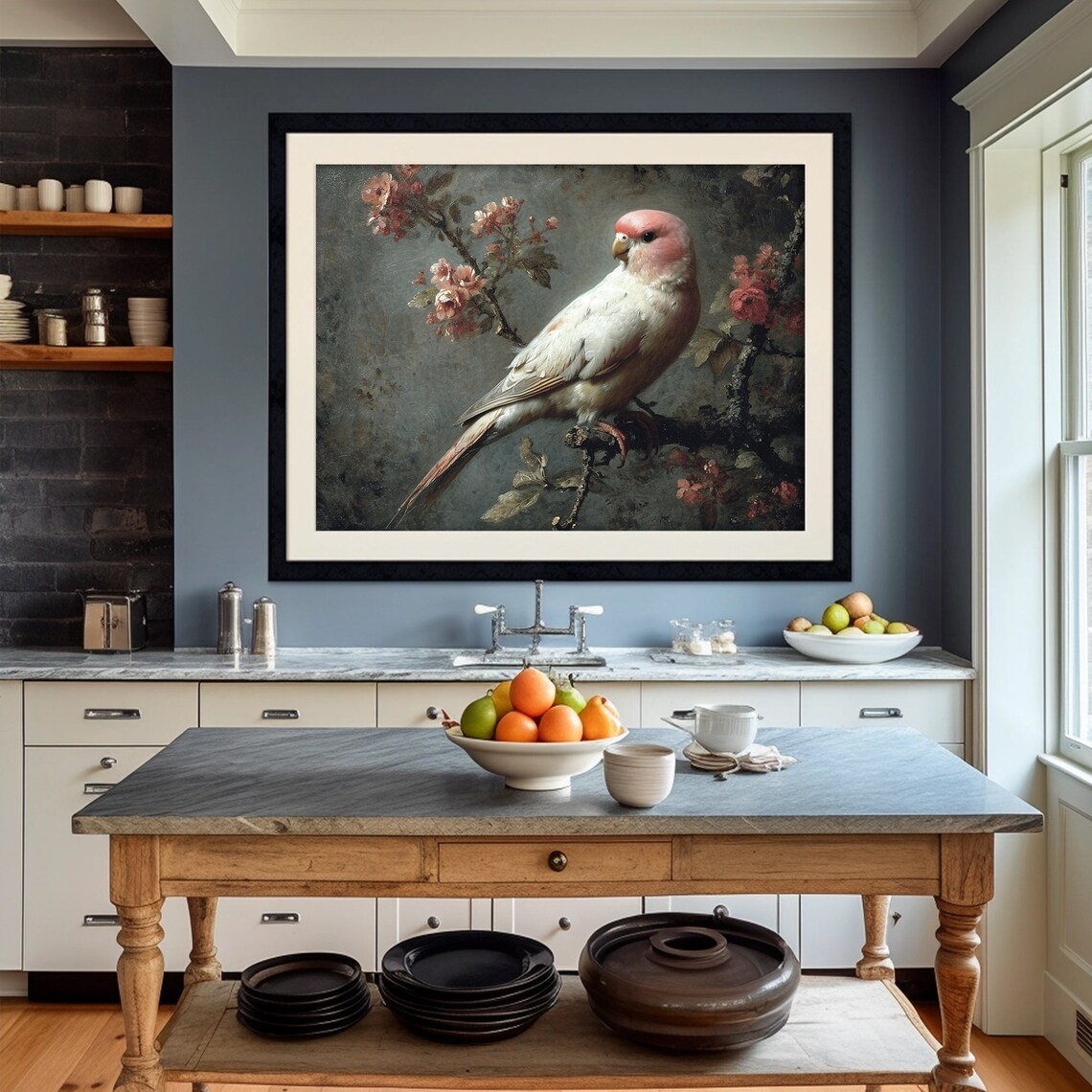 Pink Parrot Blossom Branch Antique Bird Painting Moody Art Poster - Image 2