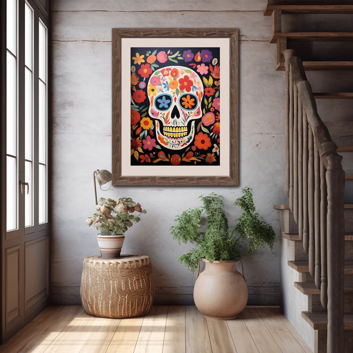 Colorful Sugar Skull Dia De Los Muertos Folk Art Painting Poster - Image 5