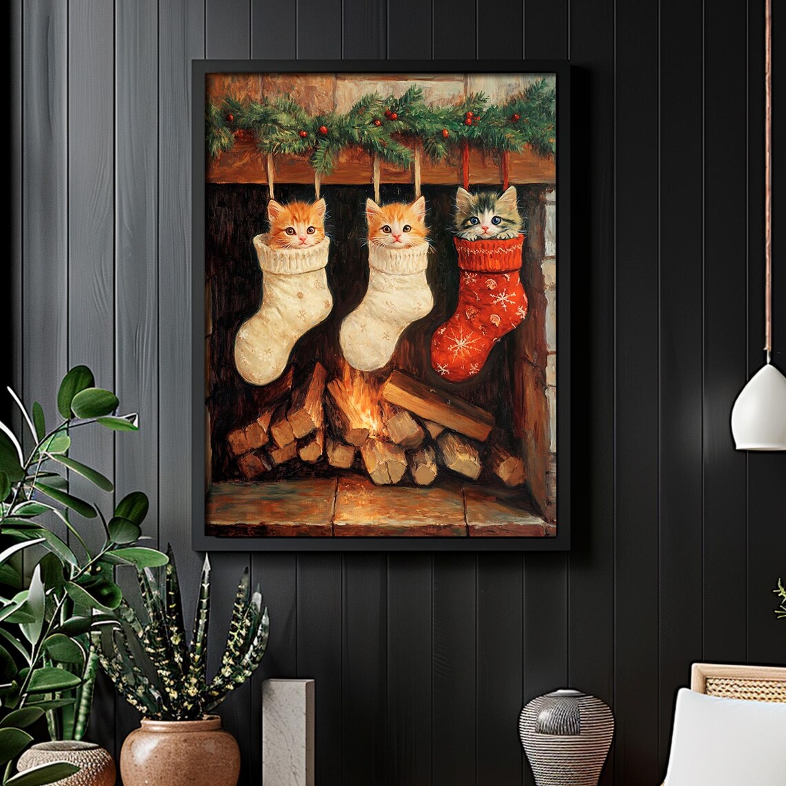 Three Kittens in Christmas Stockings Fireplace Holiday Poster - Image 4
