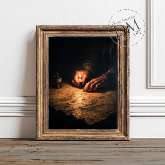 Candle And Map Wall Art Gothic Dark Academia Hands Print