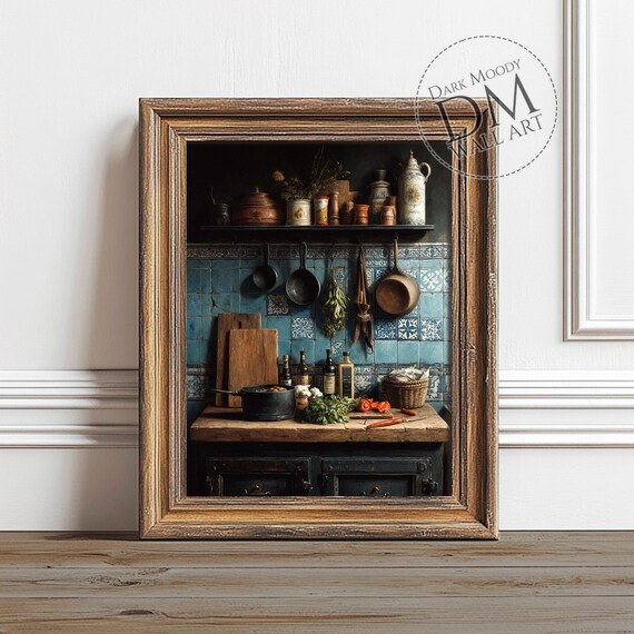 French Country Kitchen Blue Tile Rustic Pantry Still Life Poster
