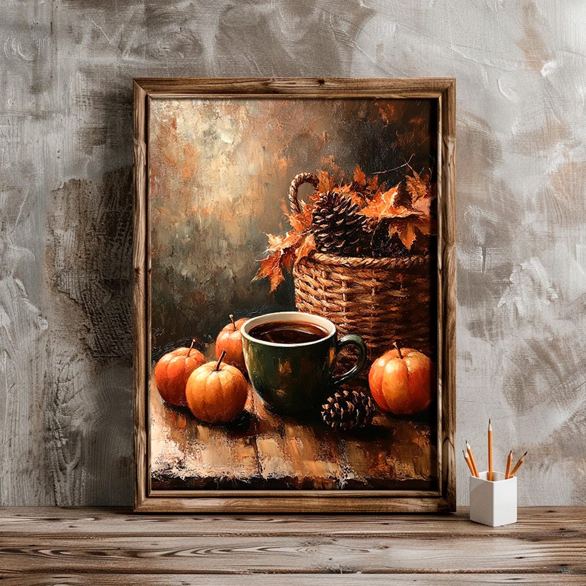 Autumn Coffee Mug Mini Pumpkins Pinecone Basket Cozy Wall Art - Image 2
