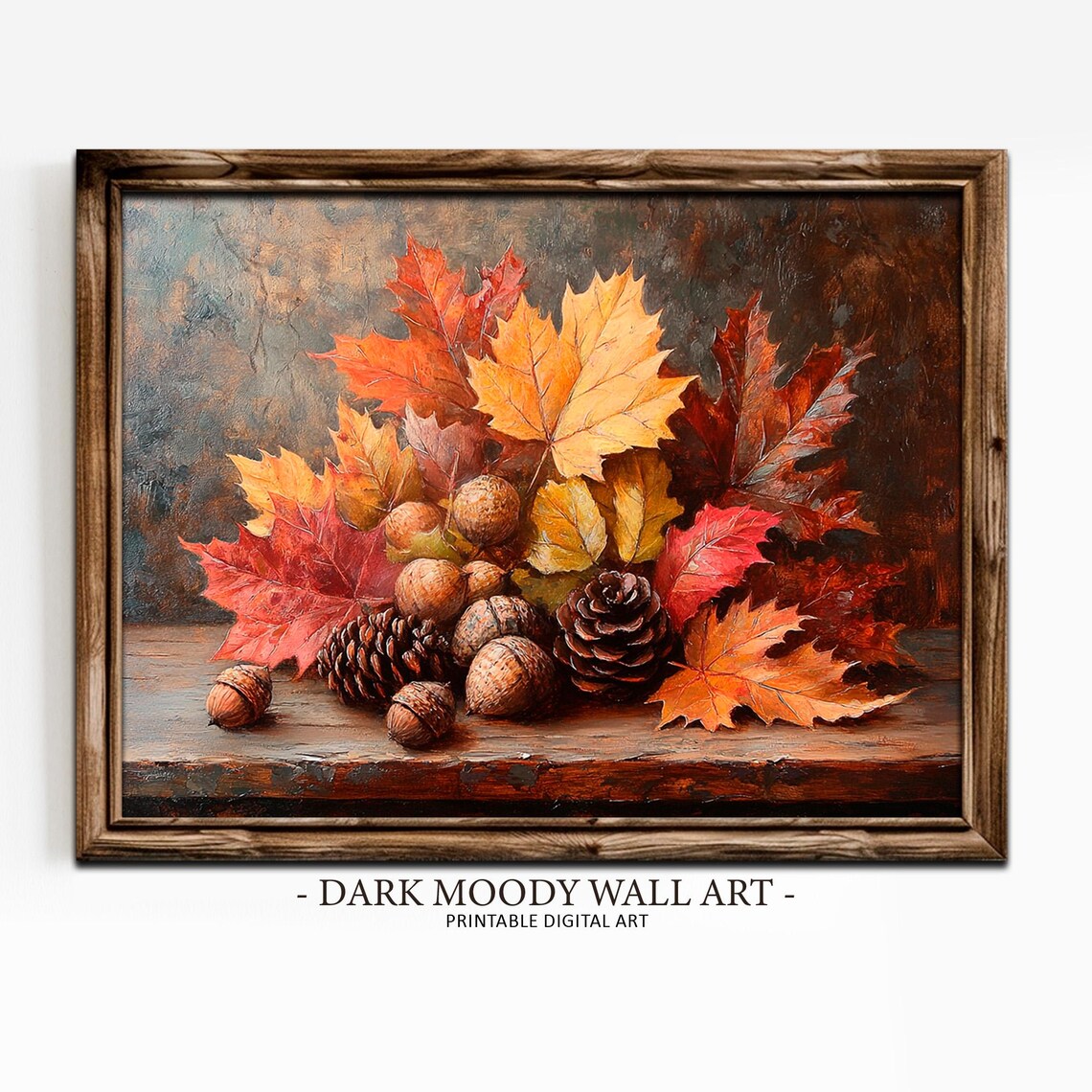 Fall Leaves With Acorns Pinecones on Wooden Table Vintage Still Life Poster - Image 4