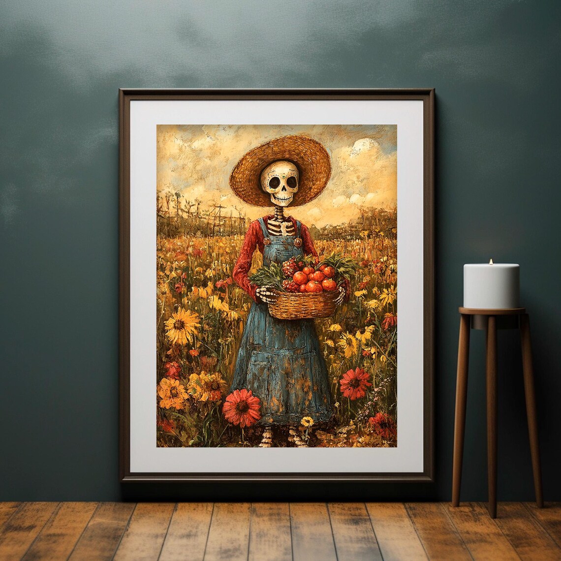 Day of the Dead Skeleton Farmer Harvest Basket Sugar Skull Folk Art Poster - Image 2