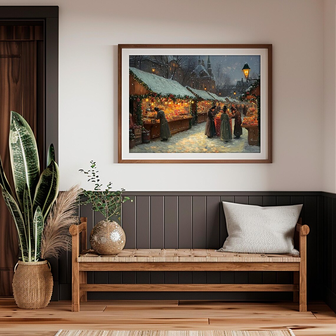 Christmas Market Lanterns Church Spire Evening Snow Painting Poster - Image 5