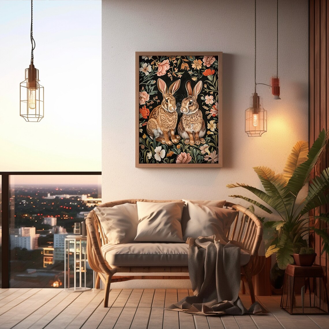 Two Bunny Rabbits Floral Vintage Style Dark Garden Painting Poster - Image 4