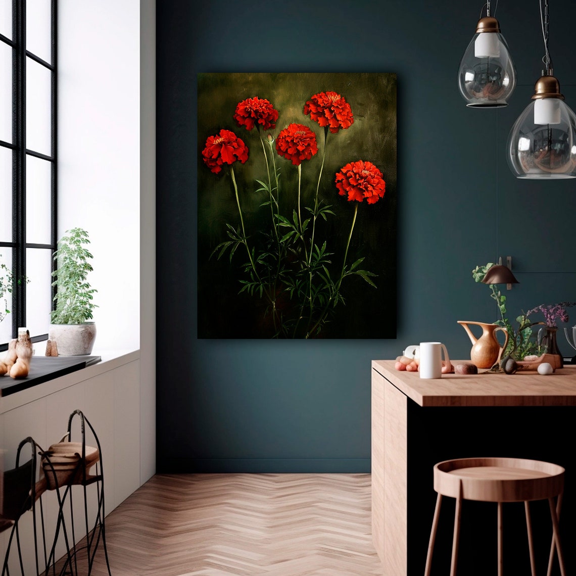 Red Marigold Blossoms Dark Moody Vintage Flower Artwork Poster - Image 5