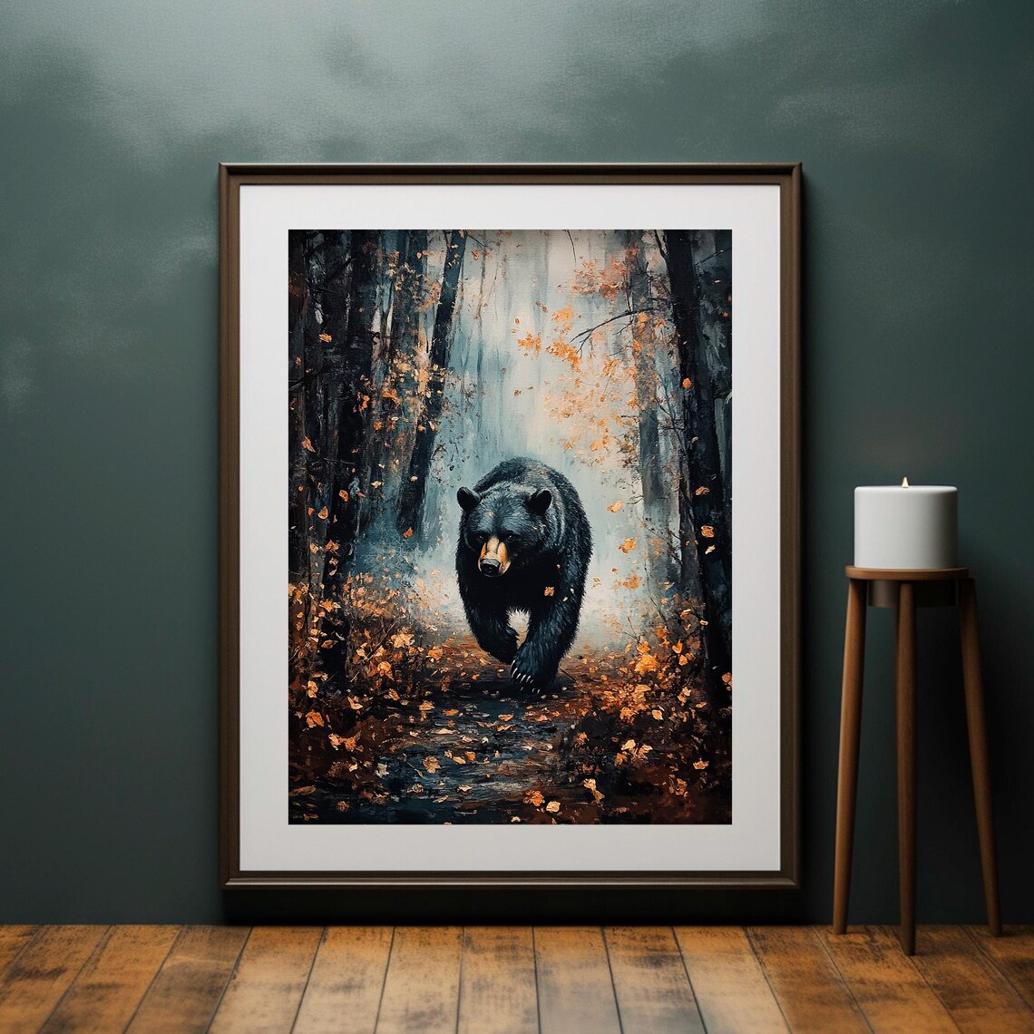 Black Bear Misty Autumn Forest Path Wildlife Painting Wall Art - Image 4