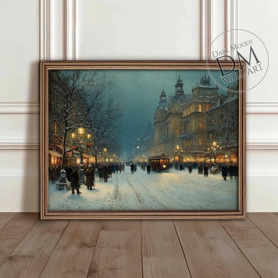 Victorian Snowy City Street Christmas Tram Vintage Winter Night Poster