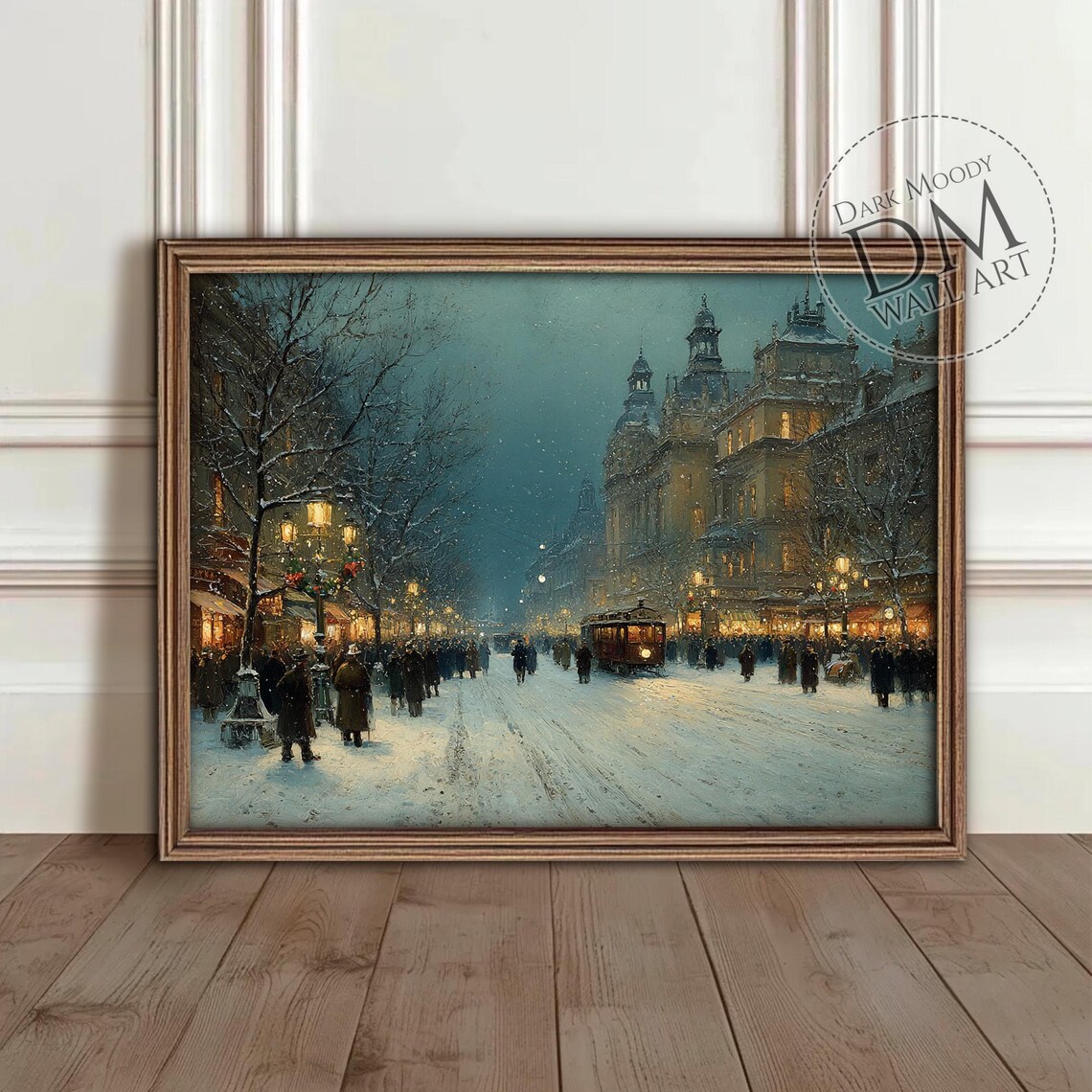 Victorian Snowy City Street Christmas Tram Vintage Winter Night Poster