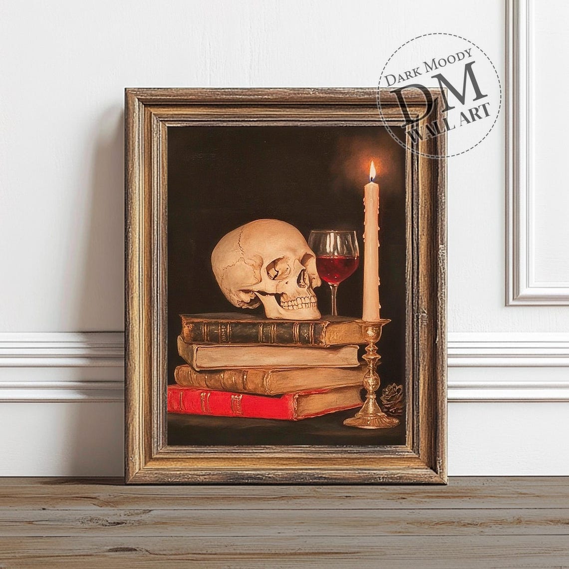 Skull On Books Vanitas Still Life Candle Wine Dark Moody Poster