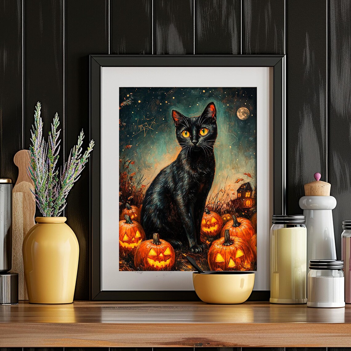 Black Cat And Jack O Lanterns Moonlit Night Halloween Wall Art - Image 2