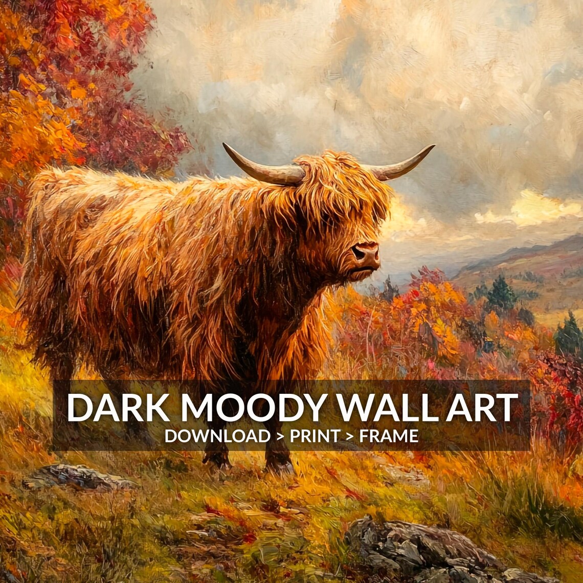 Highland Cow Standing Autumn Highlands Landscape Painting Wall Art - Image 6