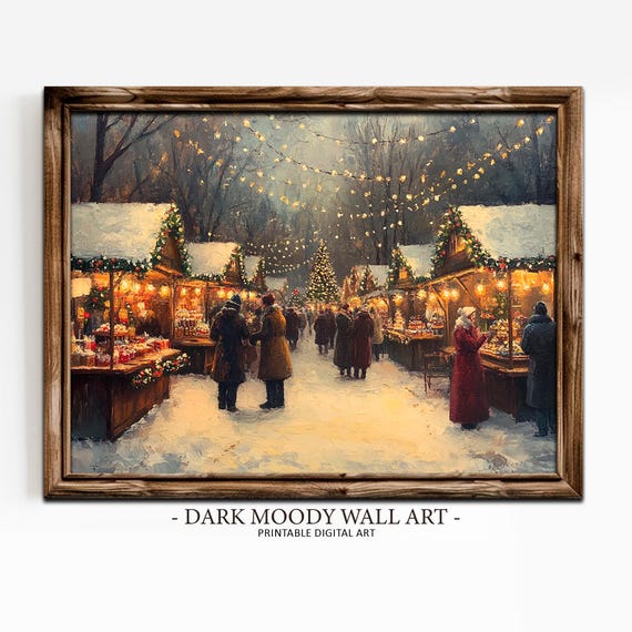 Victorian Christmas Market Print Vintage City Town Scene Wall Art Village Moody Painting