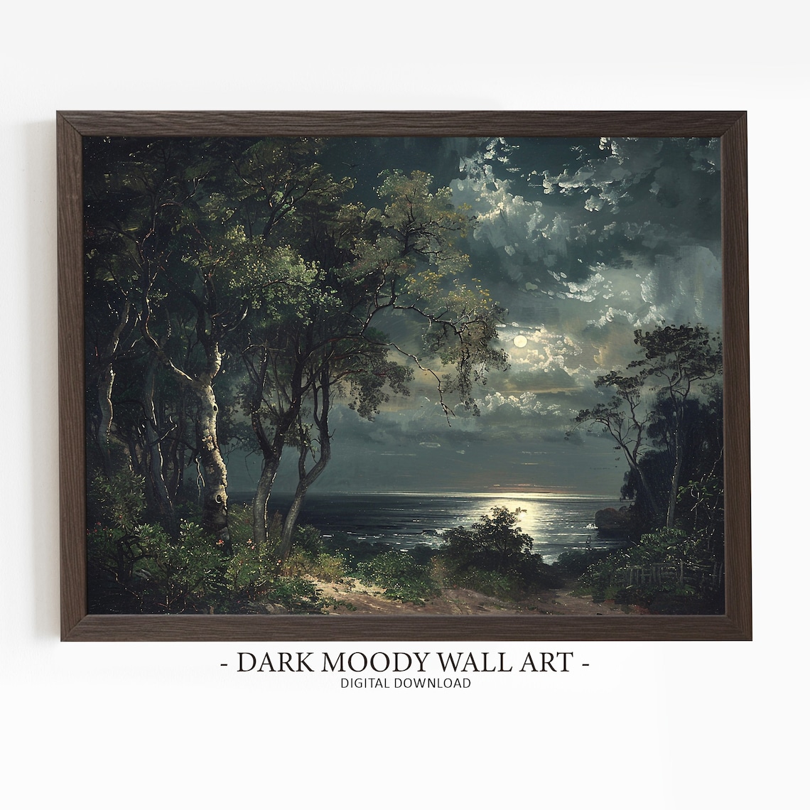 Full Moon Moonlight Landscape Art Print, Moody