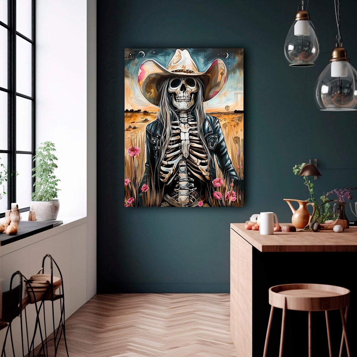 Cowgirl Skeleton Cowboy Hat Desert Sunset Pink Flowers Art Poster - Image 2