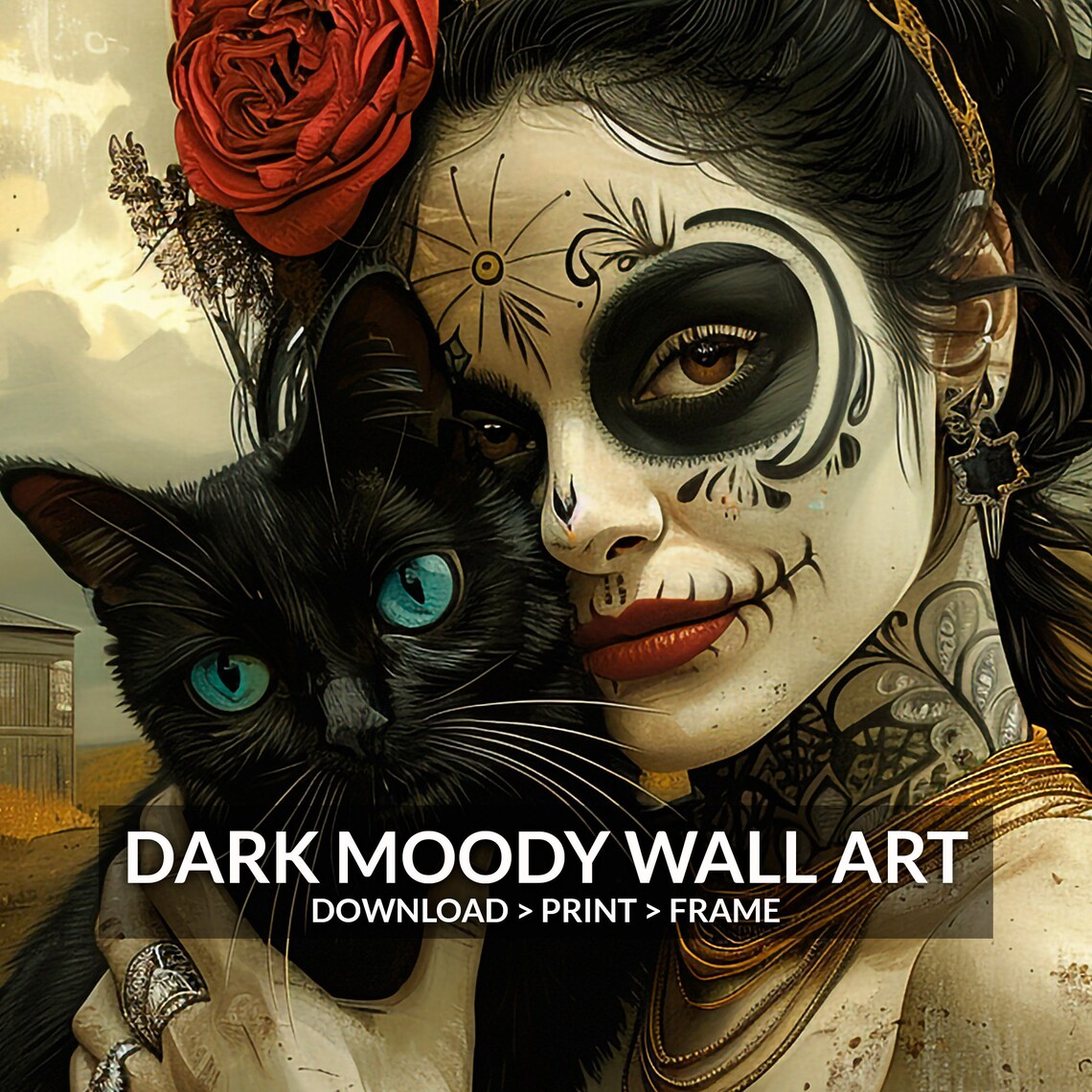 La Catrina Sugar Skull Woman Black Cat Red Rose Day of Dead Poster - Image 5