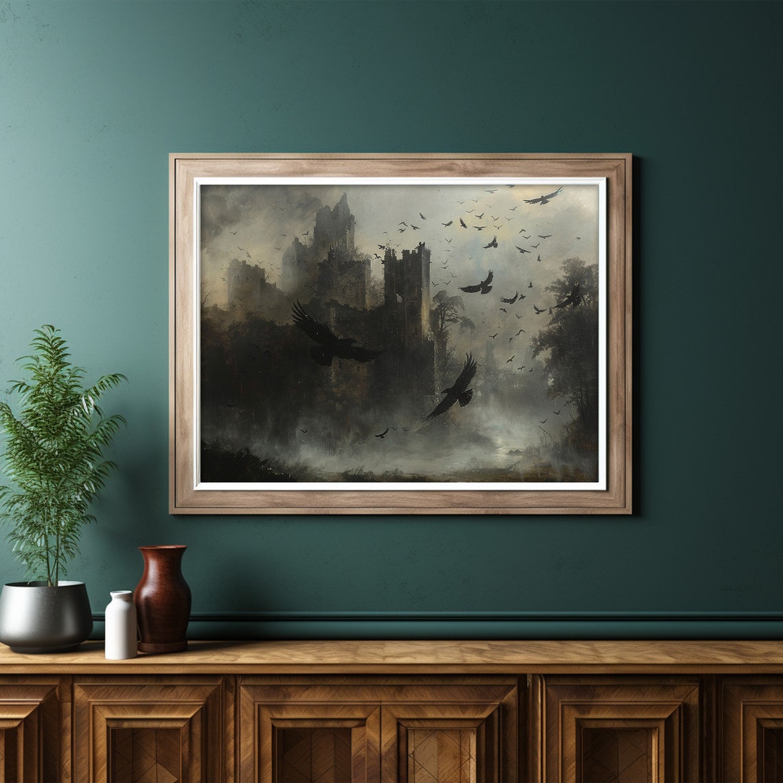 Dark Gothic Castle Ruins Circling Crows Under Stormy Sky Wall Art - Image 6