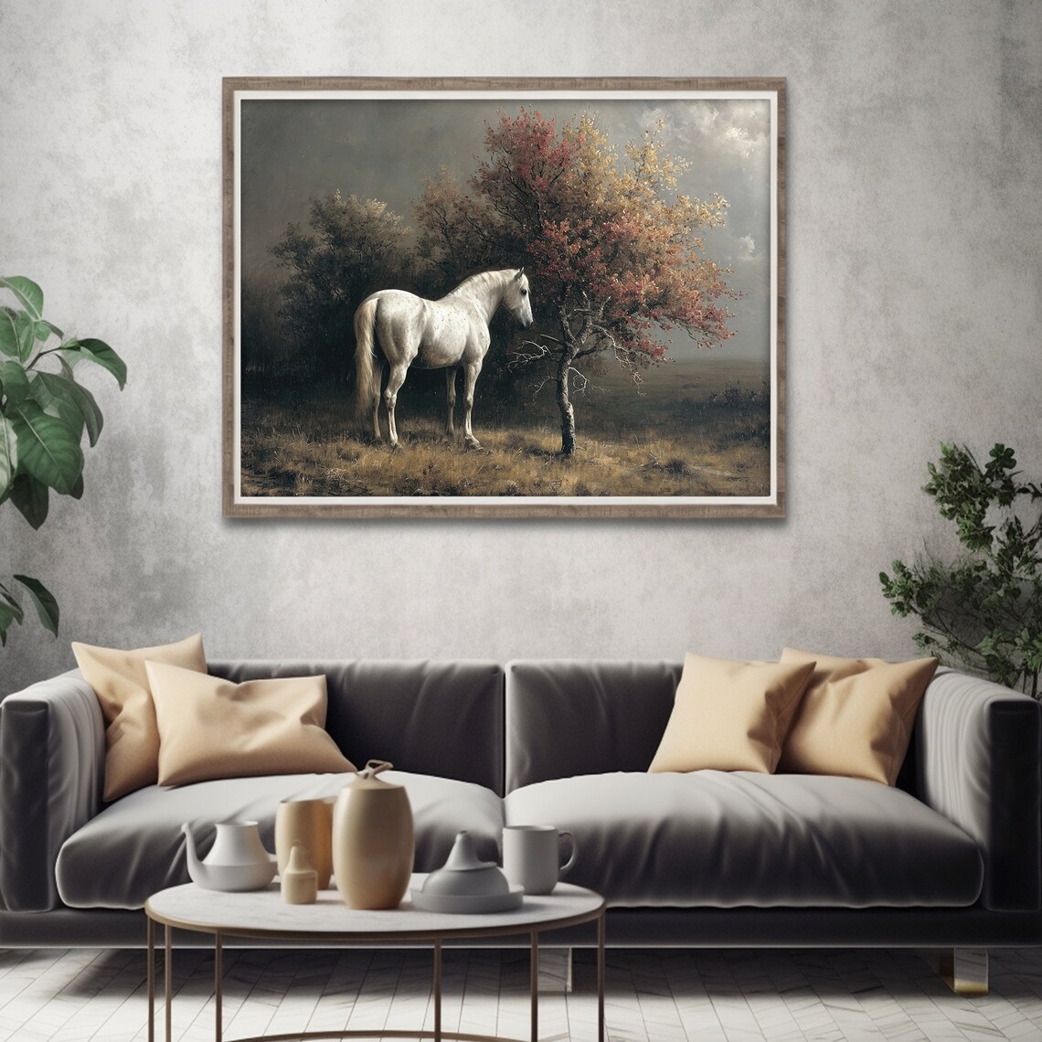 White Horse Standing In Dark Moody Field Vintage Oil Painting Poster - Image 2