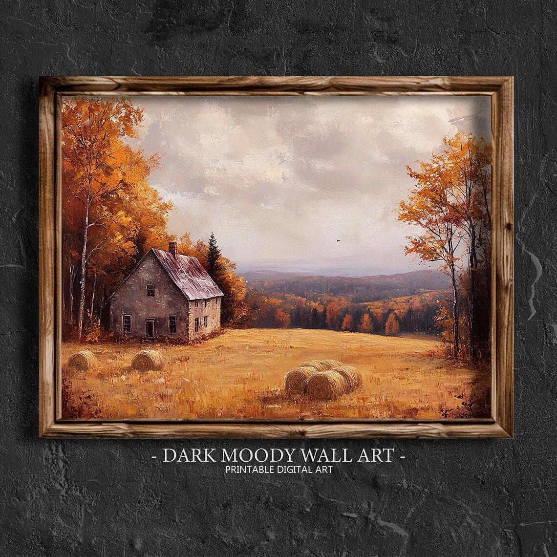 Autumn Cottage Hay Bales Golden Field Fall Countryside Landscape Poster