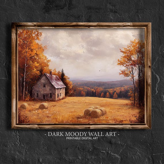 Autumn Cottage House Wall Art Fall Farm Landscape Painting Country Wall Decor Moody Cottagecore Print Farmhouse Wall Decor