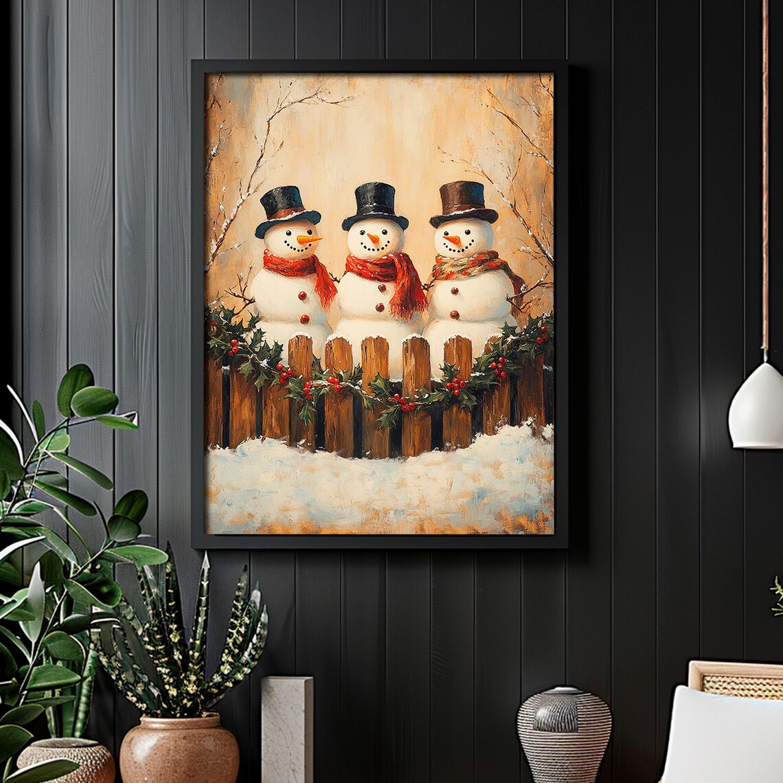 Three Snowmen Fence Holly Top Hats Red Scarves Winter Poster - Image 6
