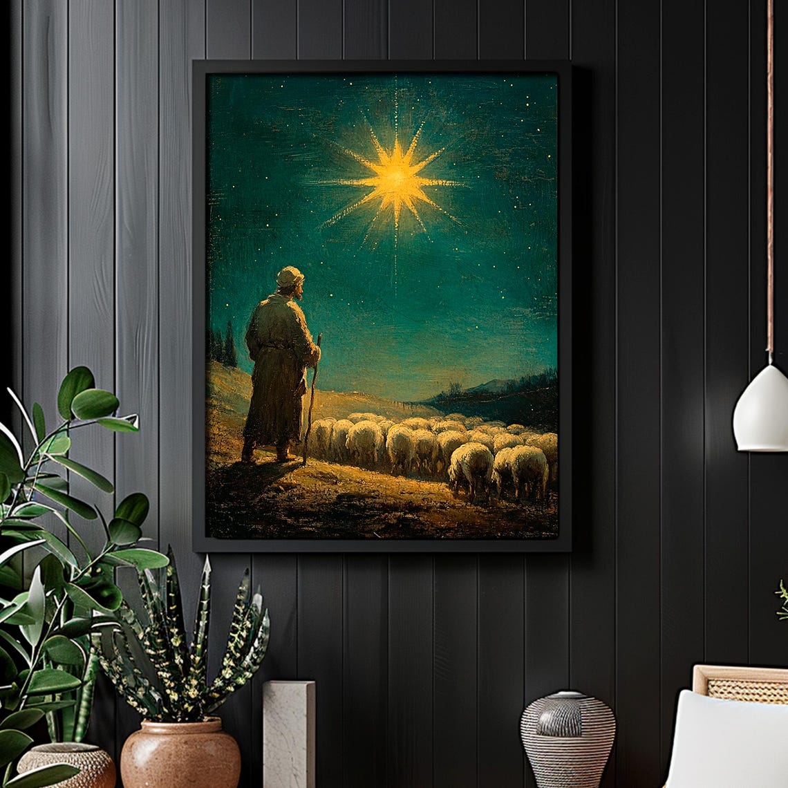 Shepherd And Flock Under Bright Christmas Star Night Sky Wall Art - Image 2