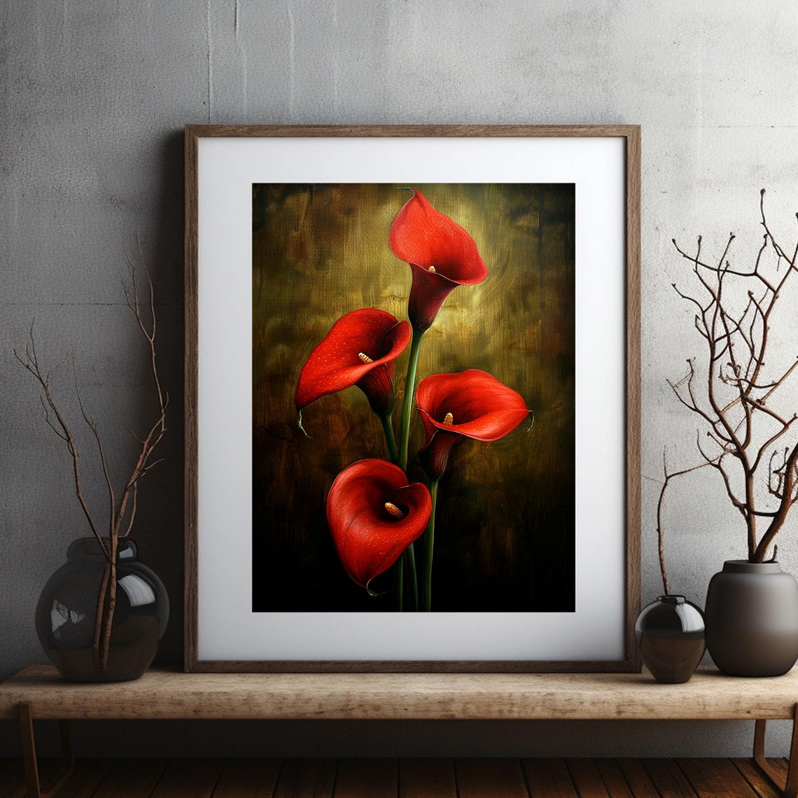 Bold Red Calla Lilies Quartet Moody Dark Floral Painting Poster - Image 2