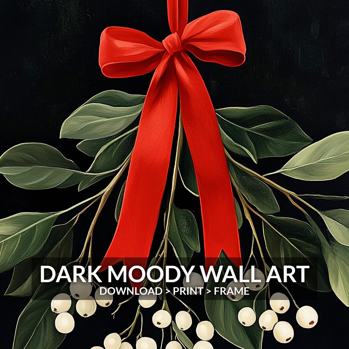 Mistletoe With Red Ribbon Bow Vintage Christmas Botanical Wall Art - Image 6
