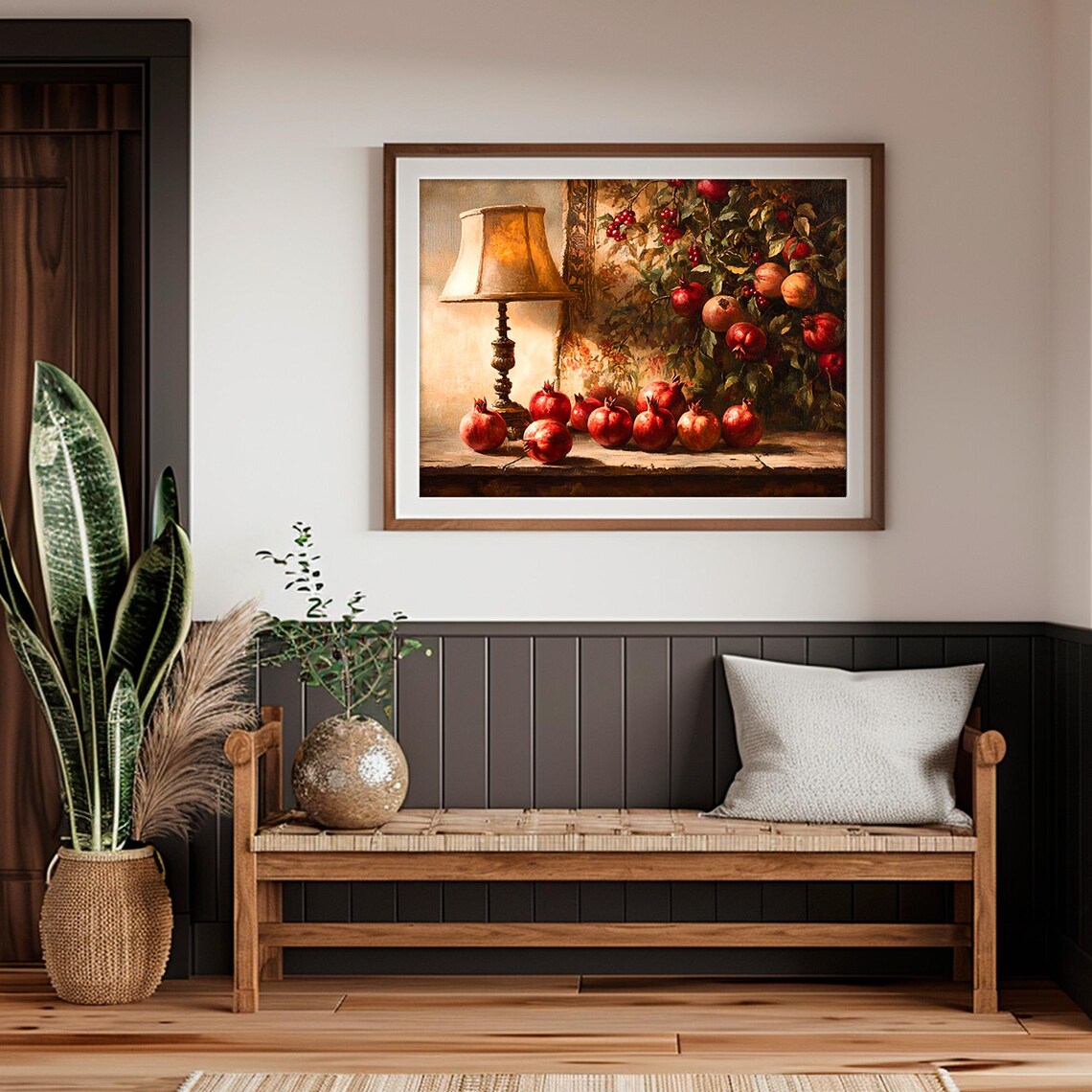 Pomegranates and Antique Lamp Warm Still Life Rustic Kitchen Art Poster - Image 2