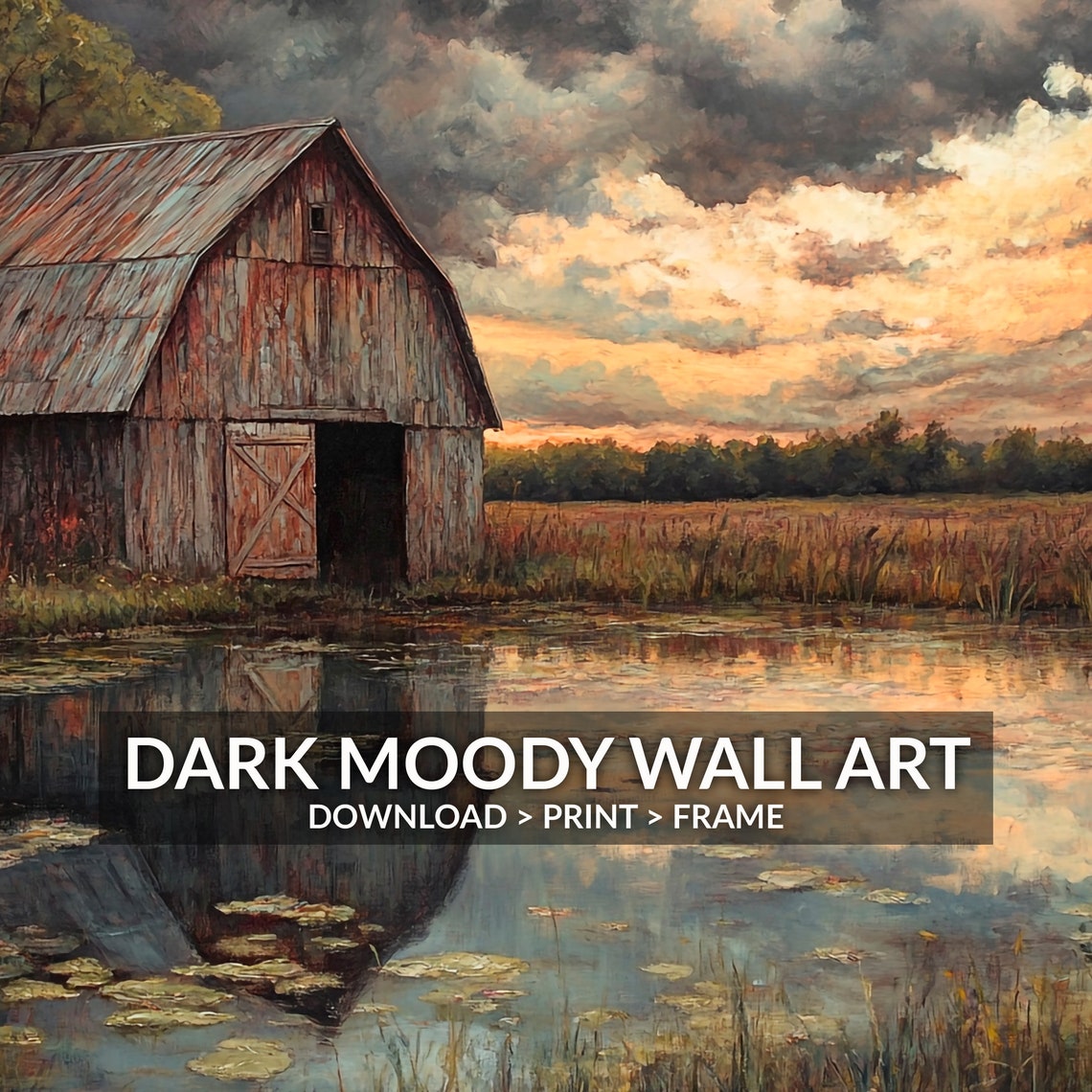 Rustic Red Barn Pond Reflection Sunset Farmland Country Art Poster - Image 6