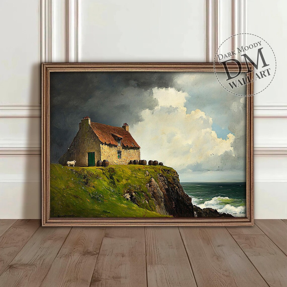 Irish Coastal Cottage Moody Seaside Landscape Print