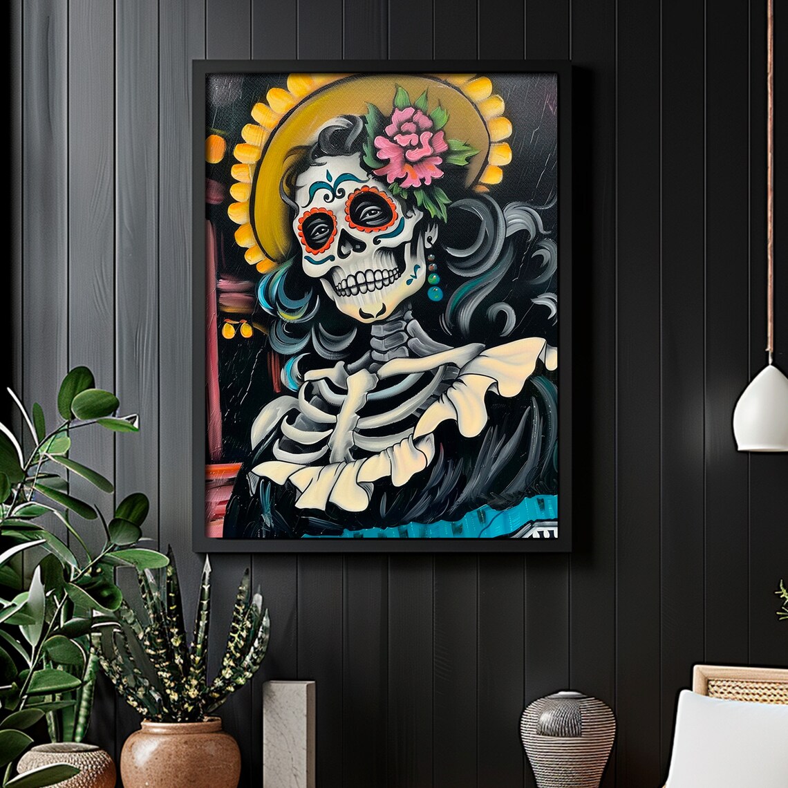 La Catrina Skeleton Colorful Sugar Skull Face Paint Floral Crown Poster - Image 4