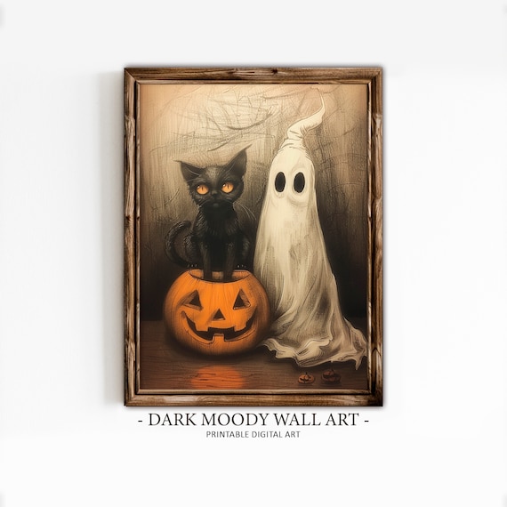 Black Cat Pumpkin Ghost Halloween Painting Jack O Lantern Cute Poster