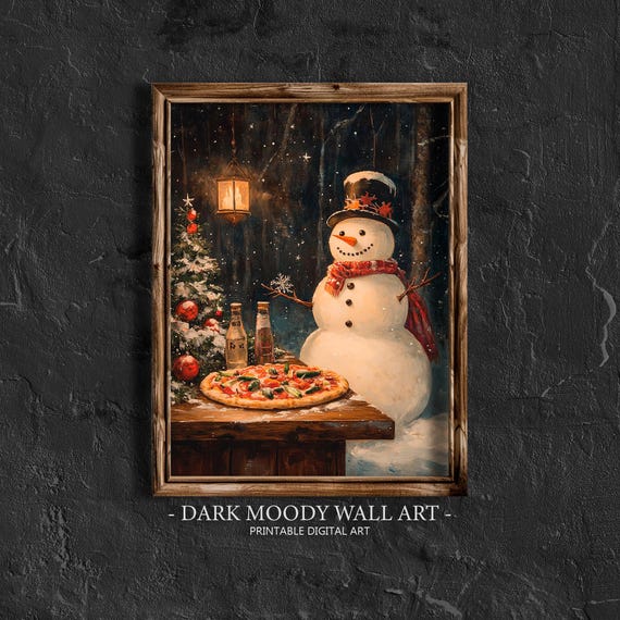 Snowman With Pizza Print, Vintage Christmas Art