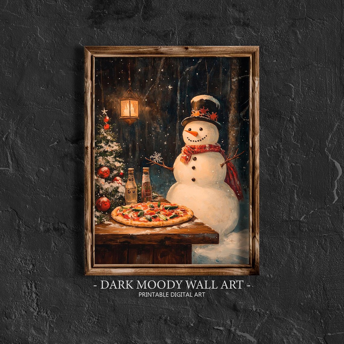 Snowman With Pizza Print, Vintage Christmas Art