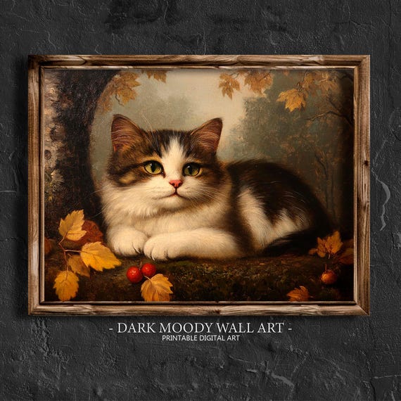 Antique Cat Print Cat Wall Art Vintage Animal Print Dark Academia Decor Renaissance Cat Print Dark Moody Farmhouse Home Decor