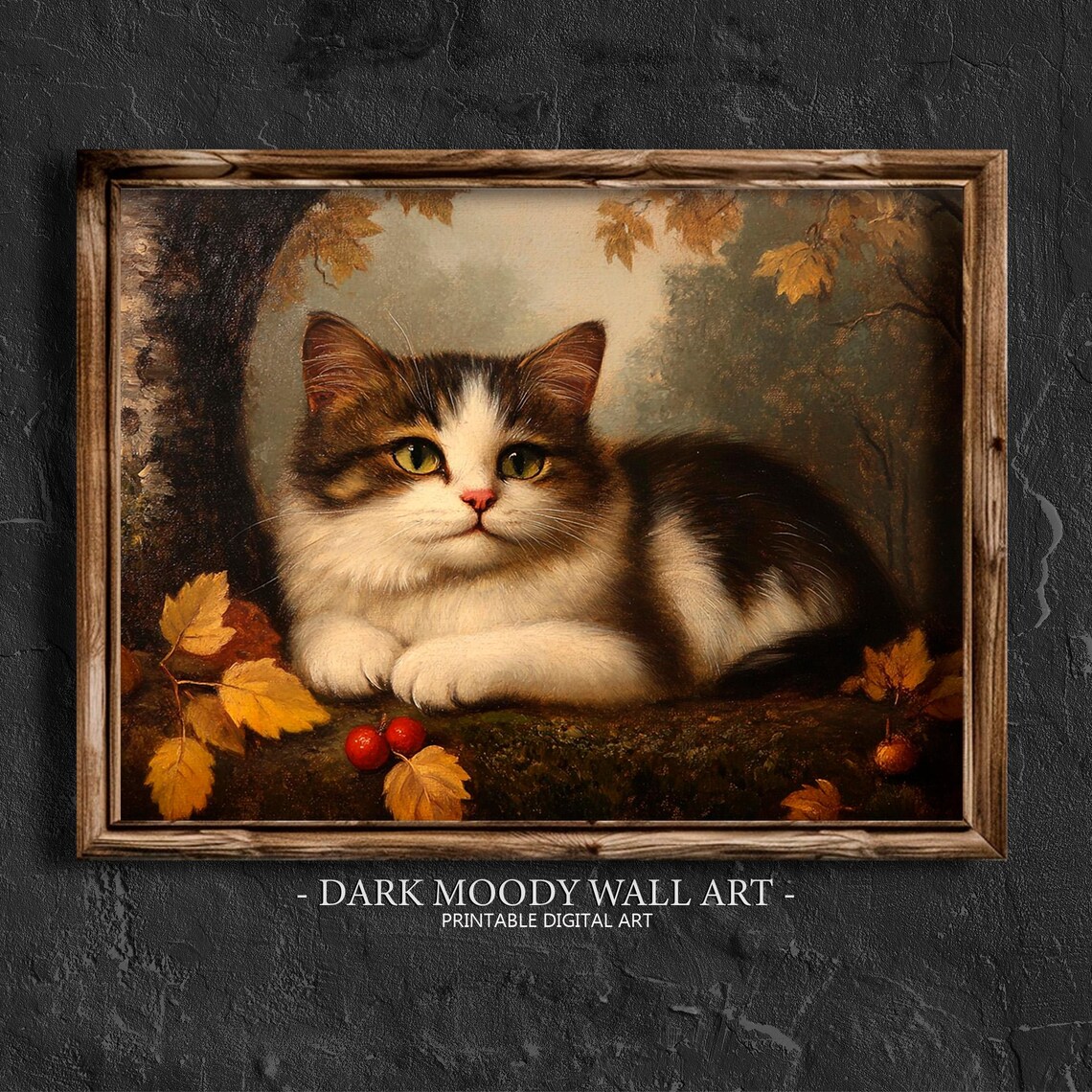 Fluffy Brown White Cat Autumn Berries Vintage Moody Portrait Poster
