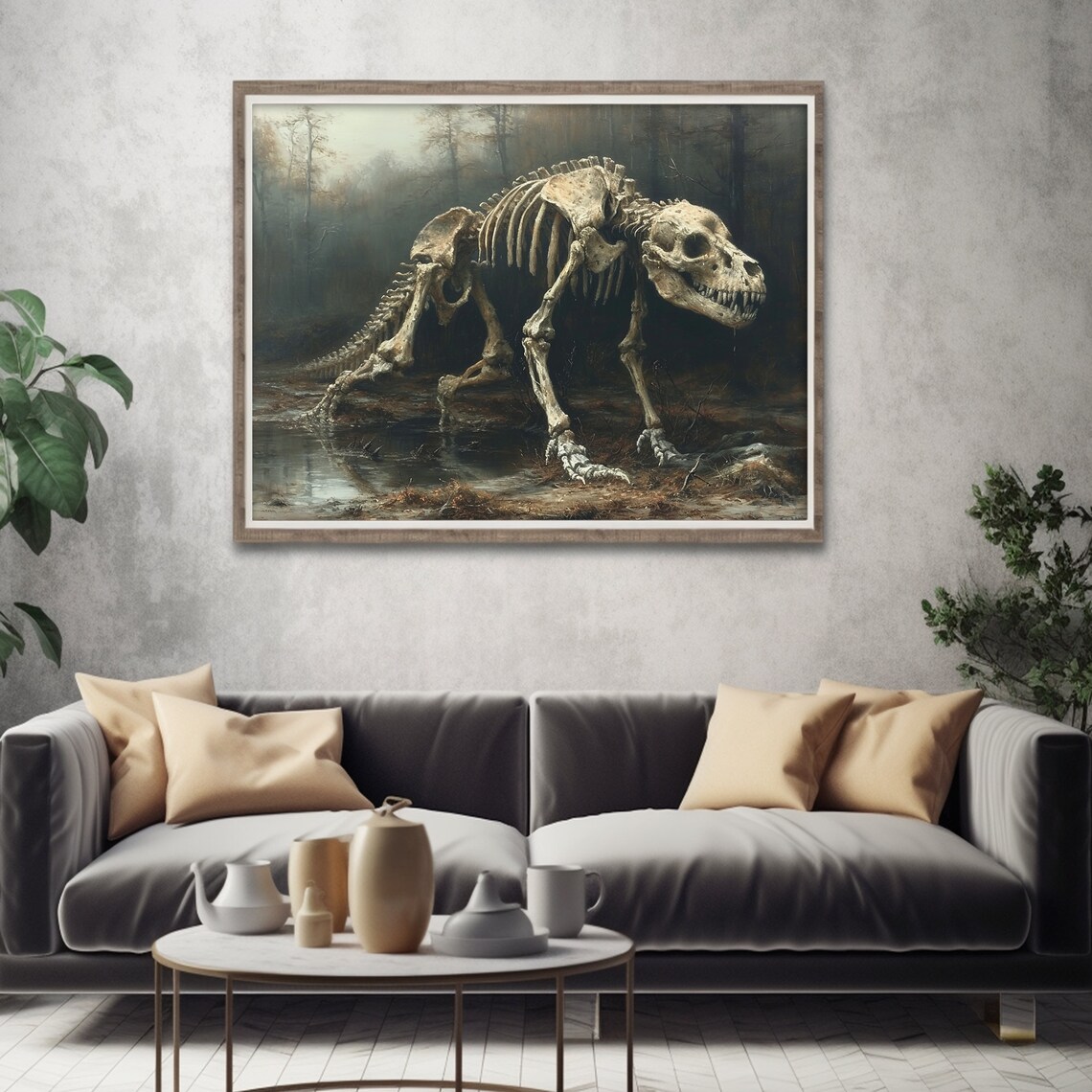 Dinosaur Skeleton Foggy Forest Prehistoric Dark Moody Painting Poster - Image 4