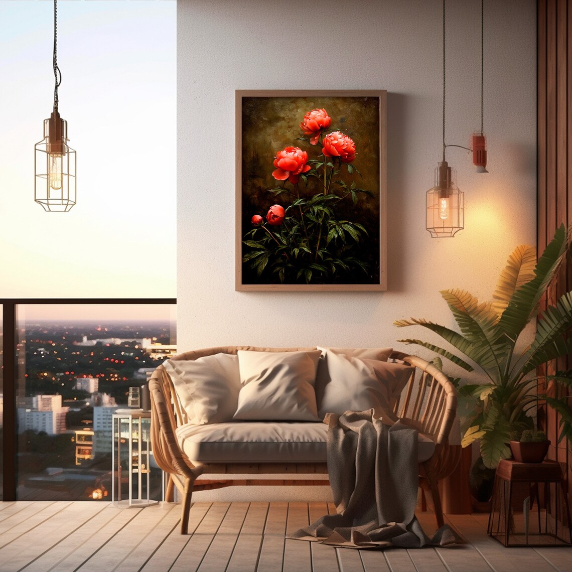 Red Peony Blossoms Dark Moody Vintage Botanical Artwork Poster - Image 5
