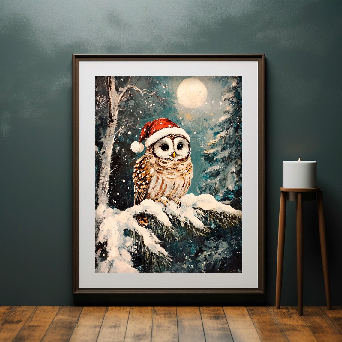 Christmas Owl Santa Hat Snowy Moonlit Forest Bird Painting Poster - Image 2