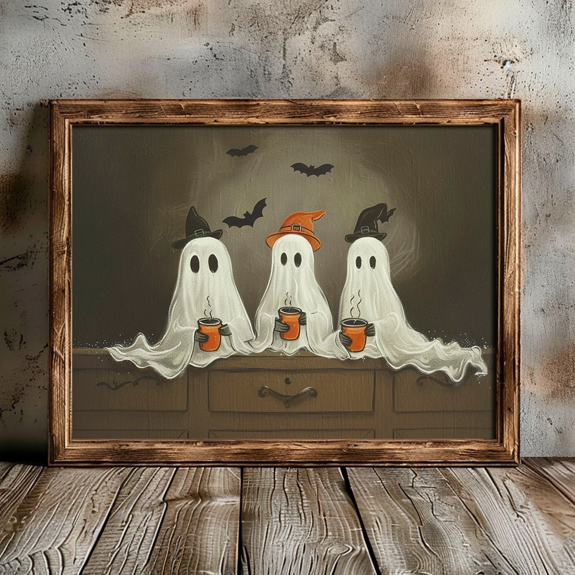 Three Ghosts Witch Hats Drinking Cocoa Cute Halloween Painting Poster - Image 2